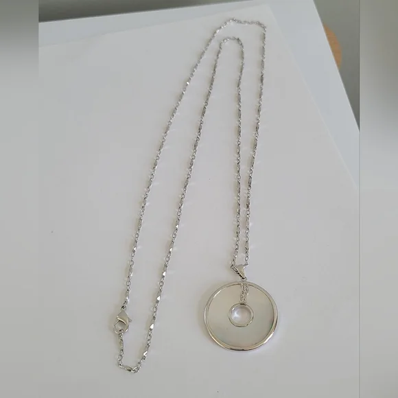 Vintage Long Chain Silver White Mother Pearl Shell Circle Boho Pendant Necklace - Picture 14 of 16
